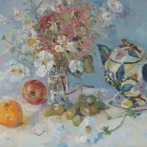 Elinor Carleton-Smith — Still Life with Flowers, Tangerine and Ardmore Jar