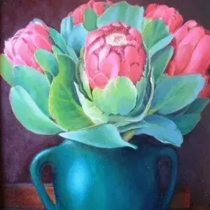 Herine Fourie — Proteas in Green Vase